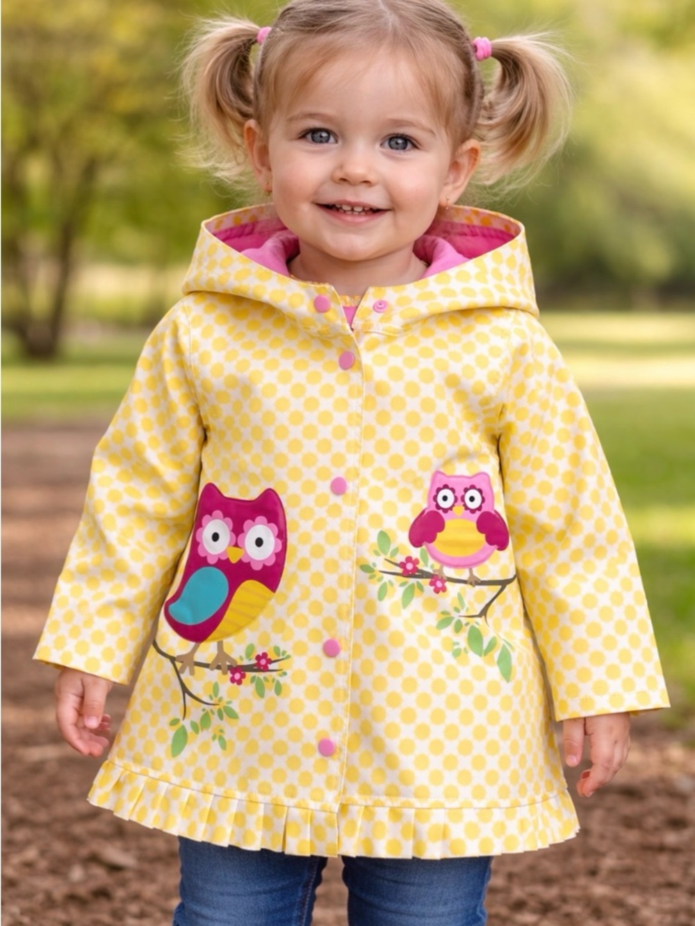 Yellow Polka Dot Kids Raincoat with Pink Owl Appliqués